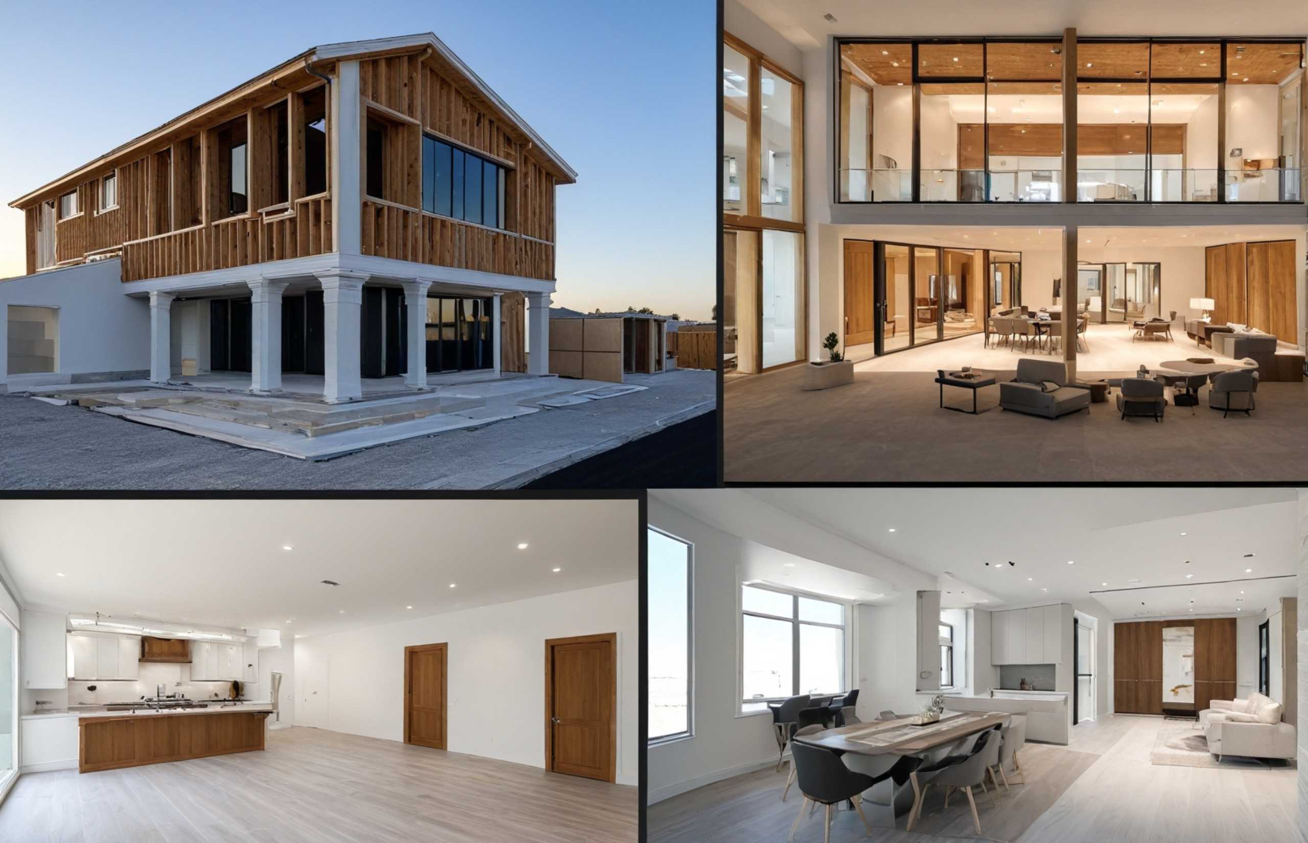 Four images showcasing a contemporary home featuring a spacious living room and dining area, highlighting modern design elements.