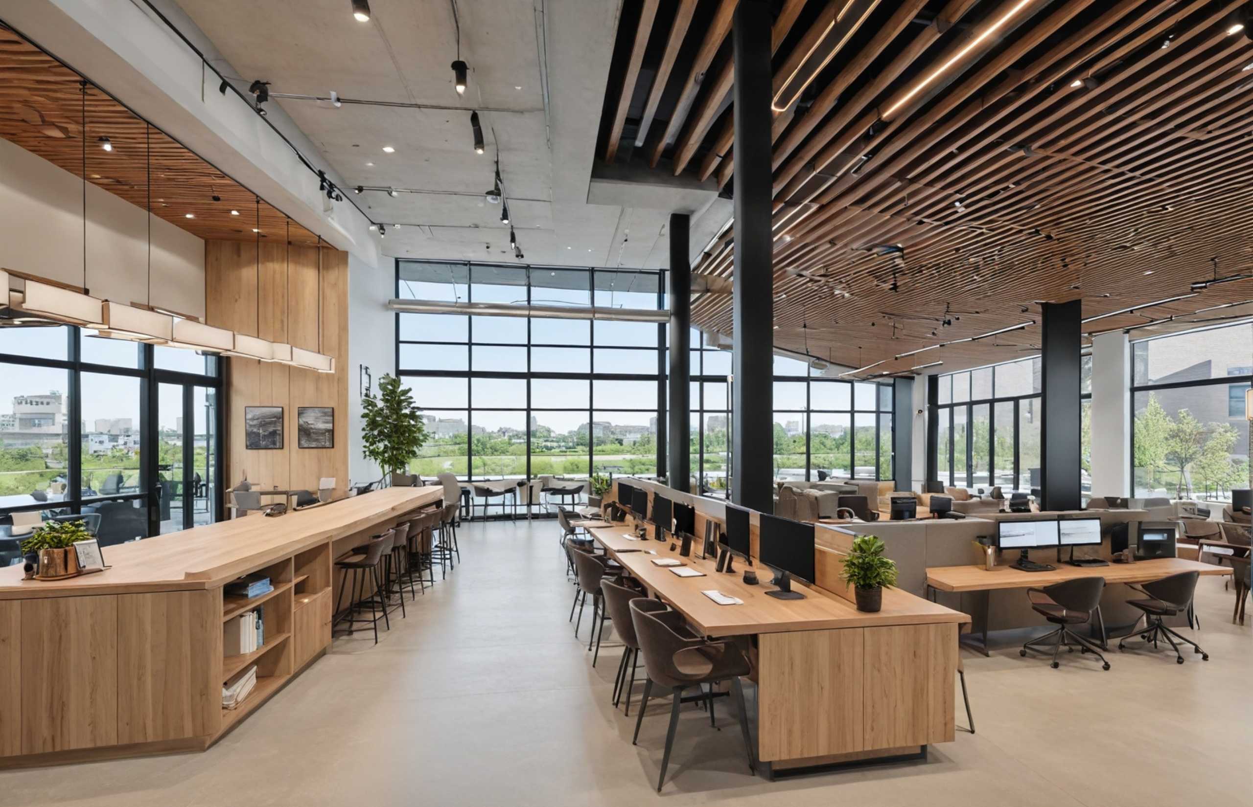 Modern office interior featuring wooden ceilings, creating a warm and inviting atmosphere for productivity.
