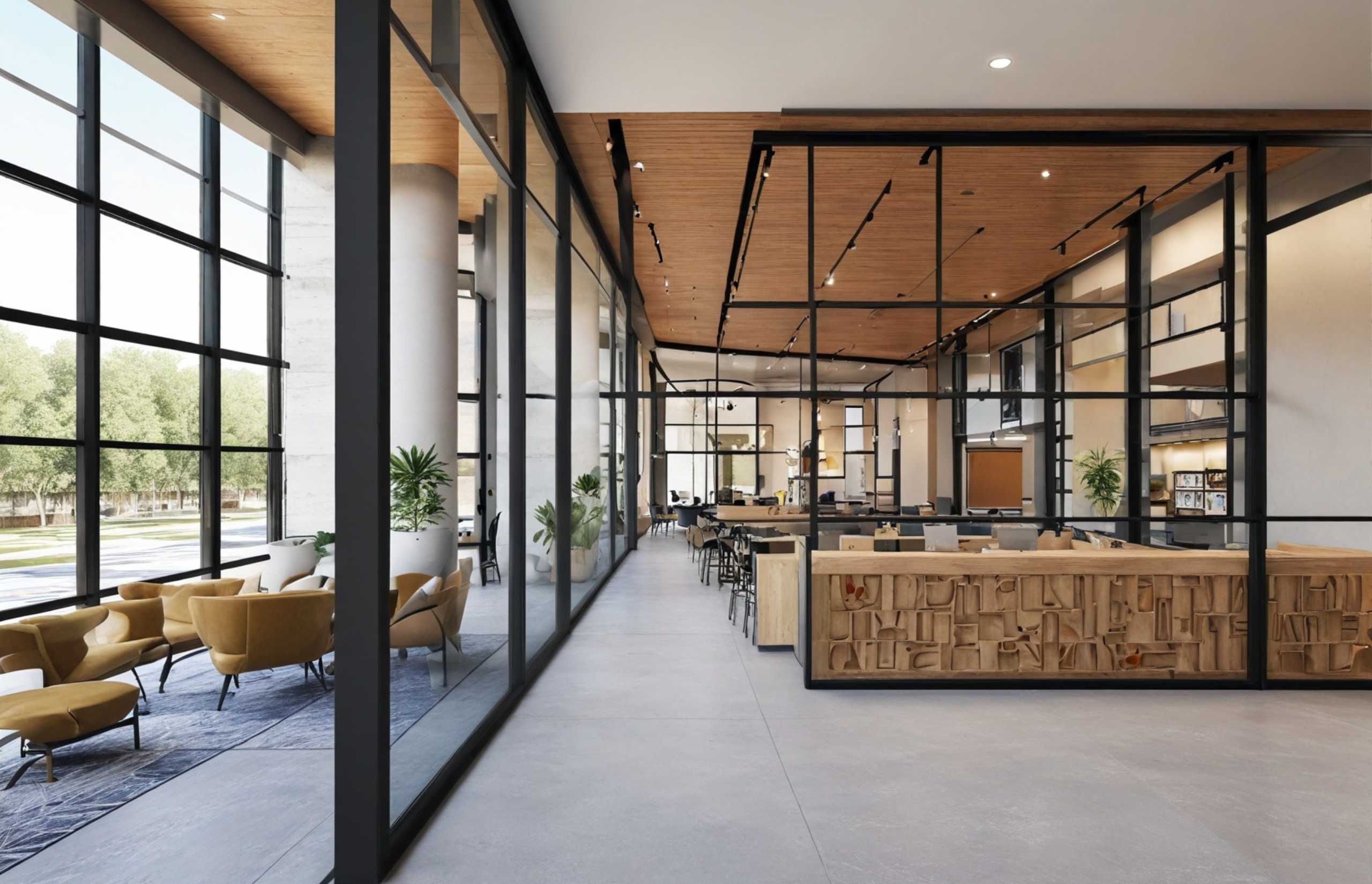 Bright and airy lobby of a contemporary office building, showcasing expansive windows and sleek design.