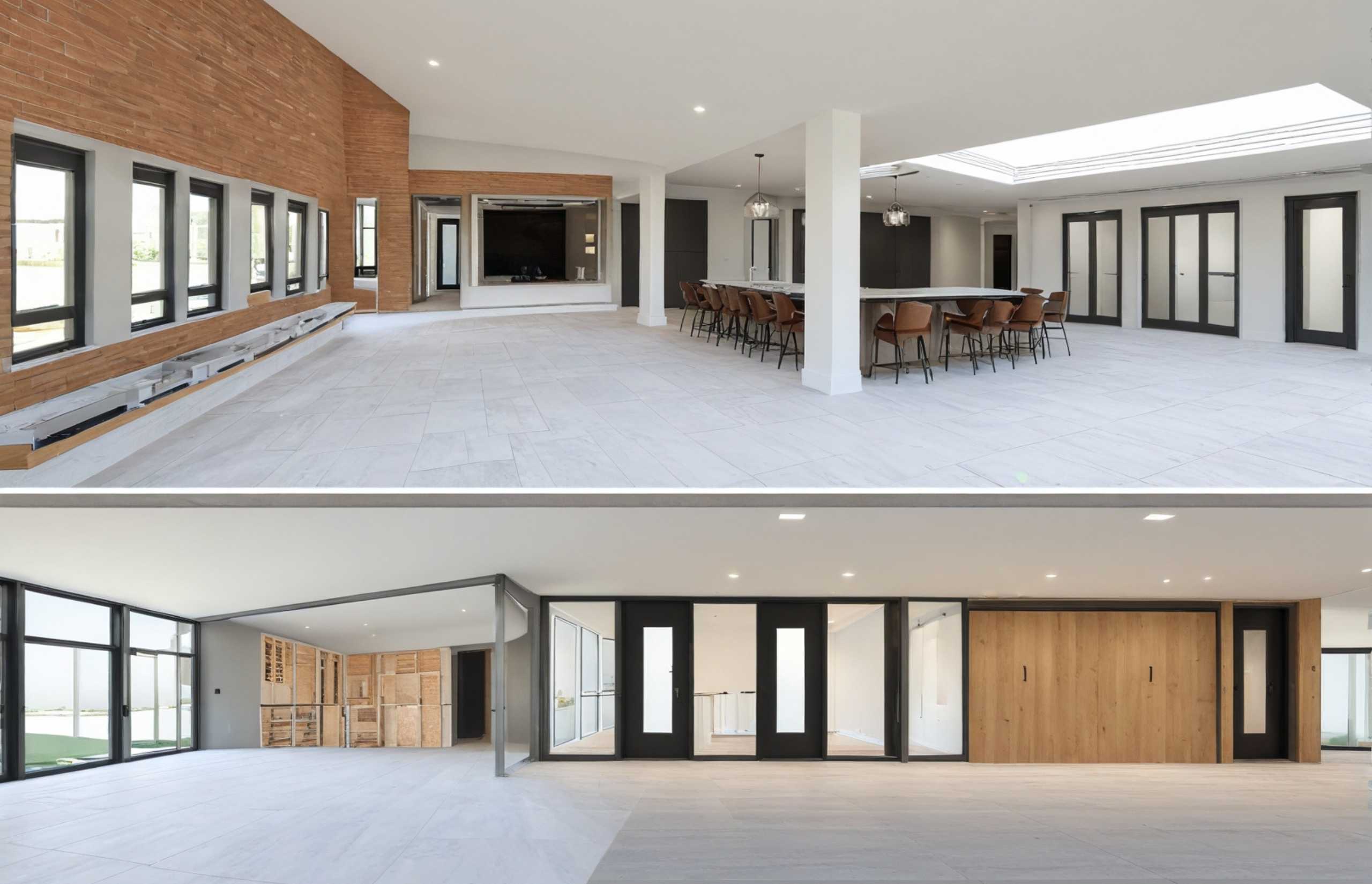 A pair of photos depicting a sleek modern residence with large windows, emphasizing bright interiors and scenic surroundings.