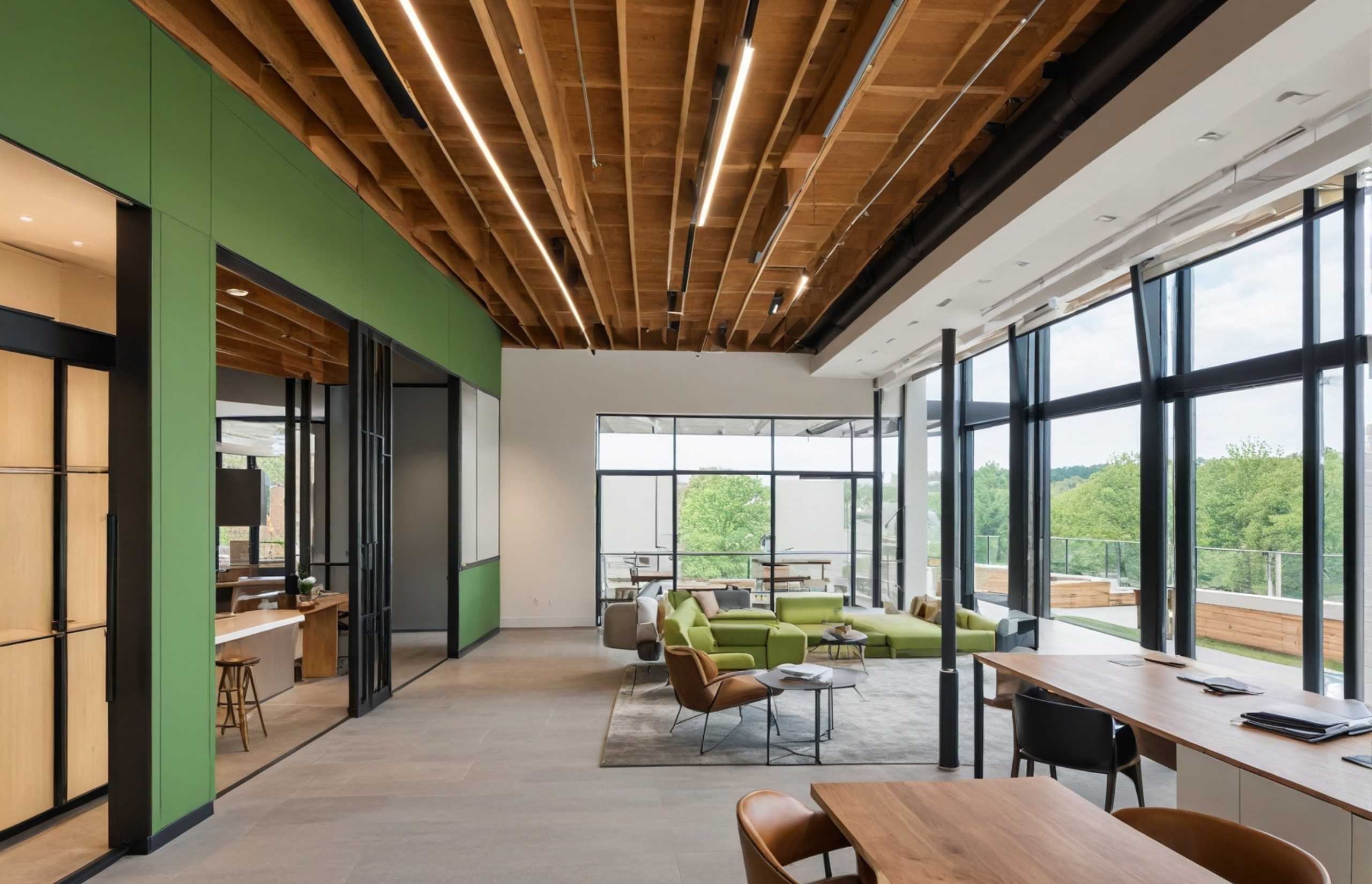 An office interior showcasing a lush green wall and a stylish wooden ceiling, promoting a calming work environment.