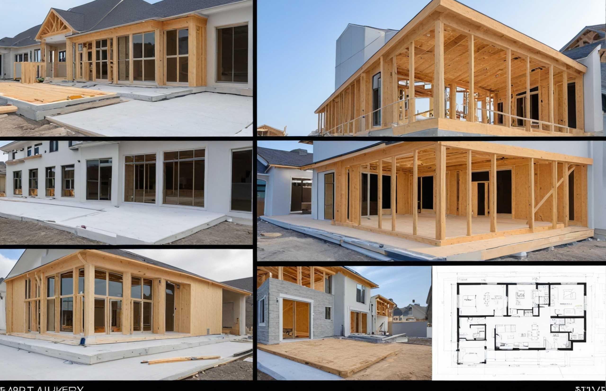 Four images showcasing various stages of a house under construction, highlighting progress and building details.