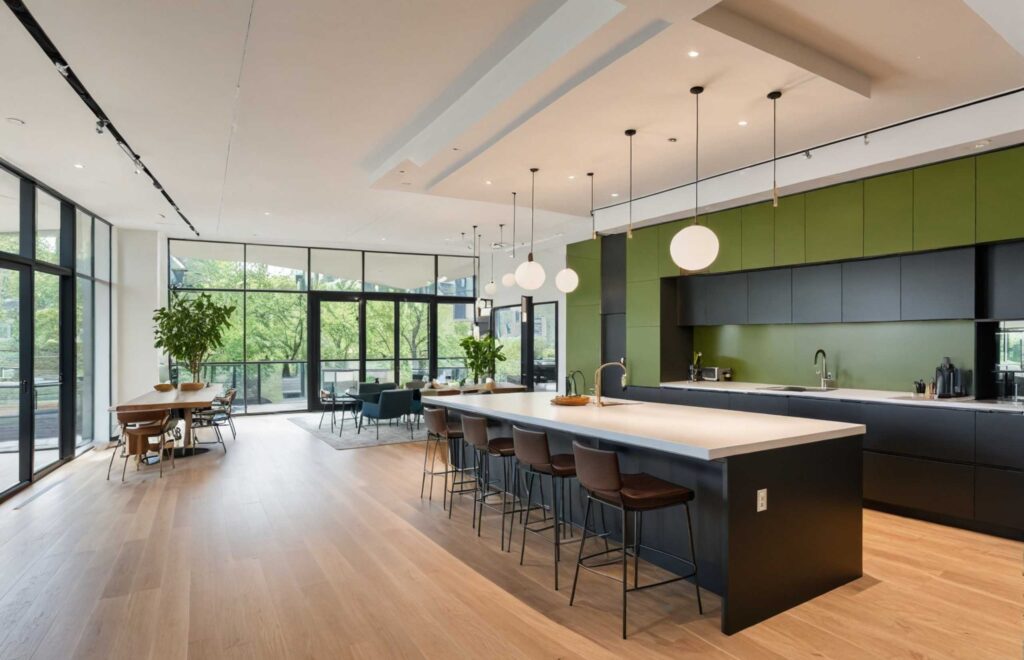 Modern kitchen design with vibrant green walls and warm wood floors, creating a fresh and welcoming space.