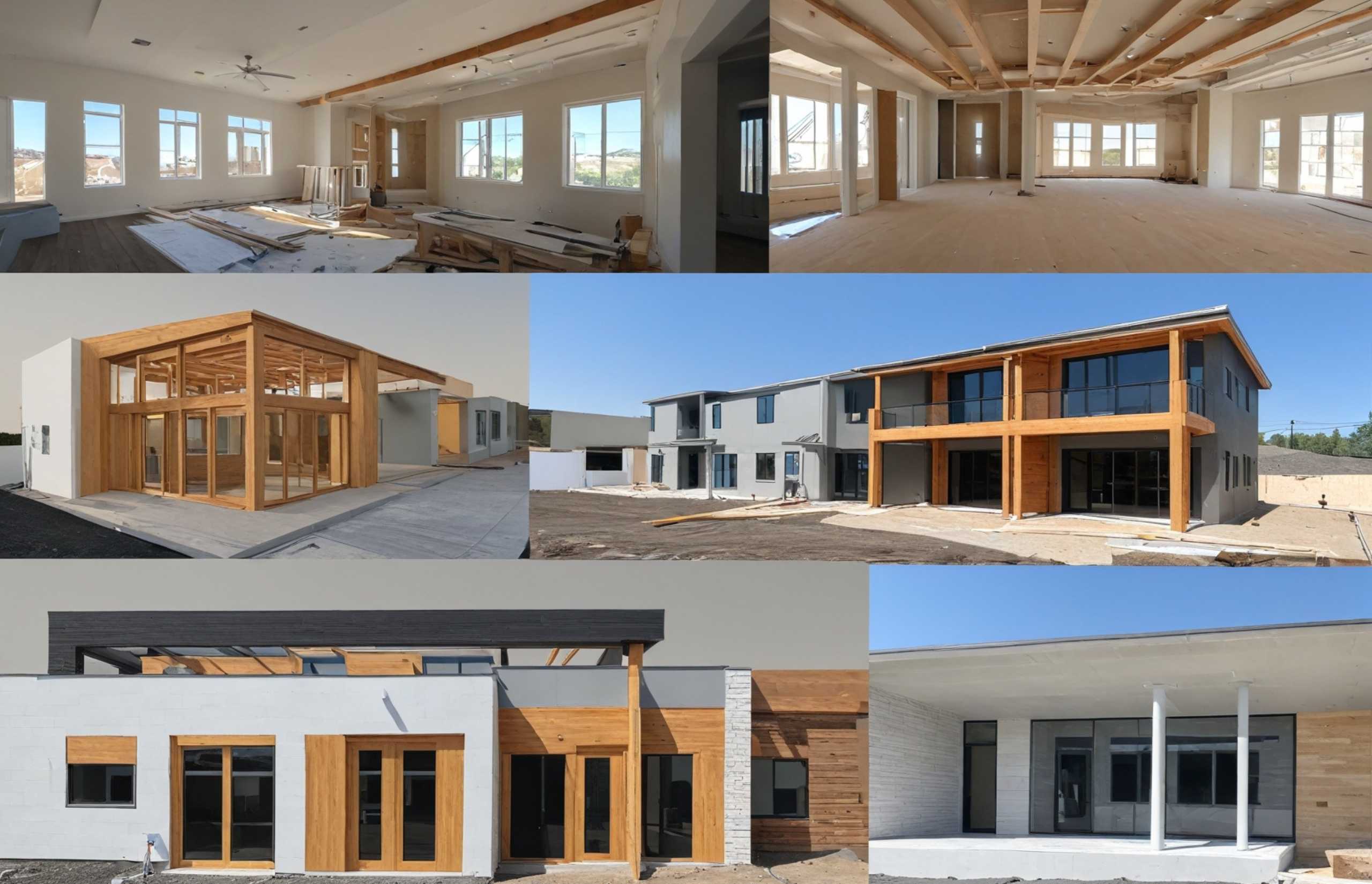 Four images showcasing various stages of a house under construction, highlighting progress and building techniques.