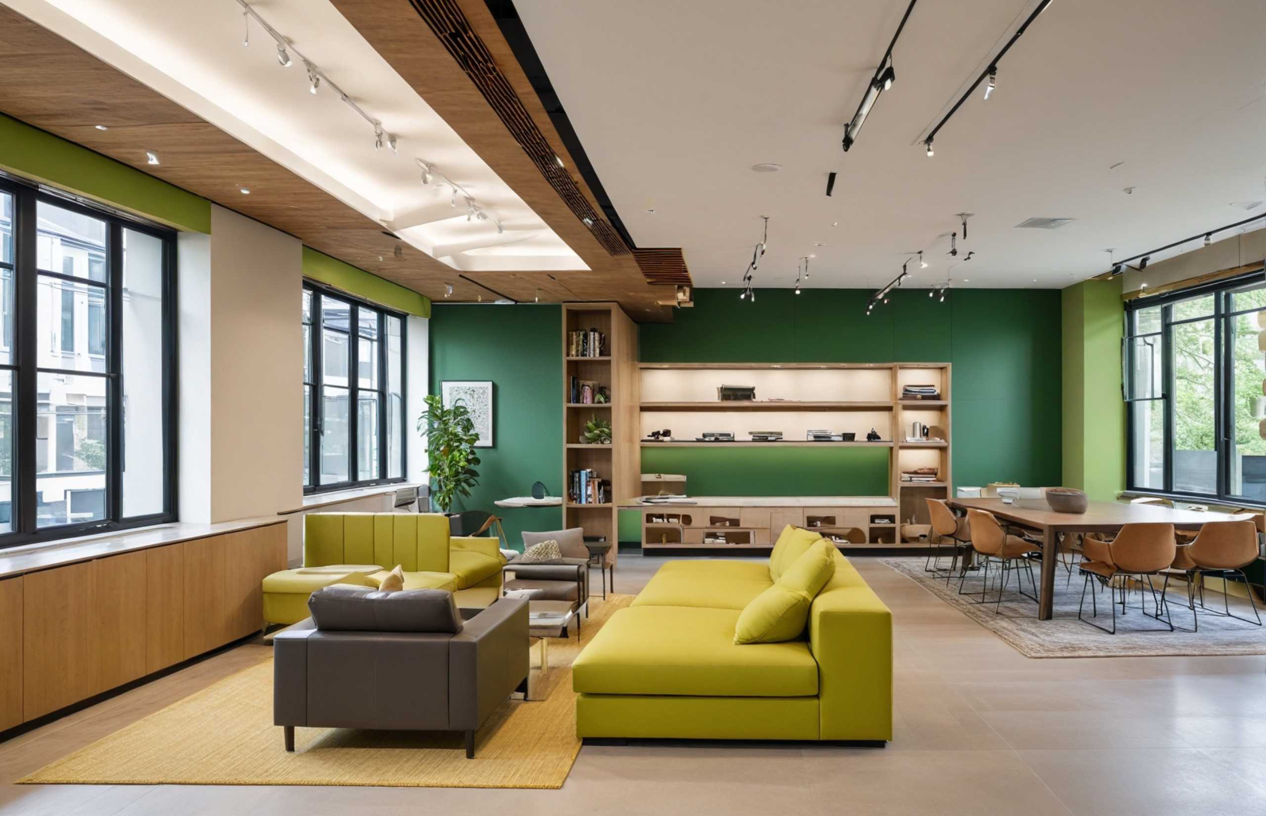 A contemporary office featuring vibrant green walls and stylish yellow furniture, creating a lively work environment.