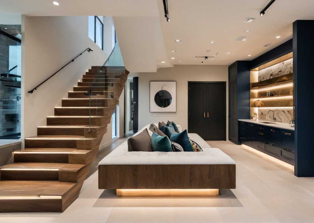 Contemporary living room showcasing wooden stairs and a comfortable couch, blending elegance with functionality.