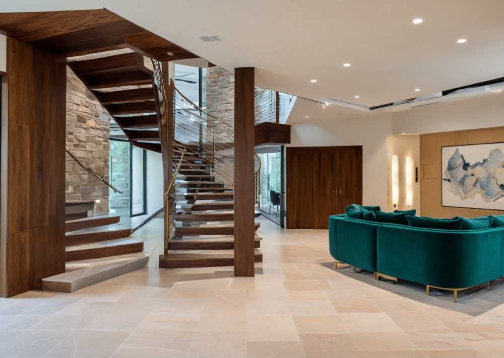 A contemporary living room featuring a stylish spiral staircase as a focal point, enhancing the space's elegance and design.