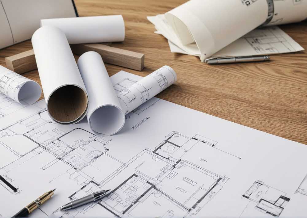 Architectural plans and detailed drawings spread out on a table, showcasing design elements and project specifications.