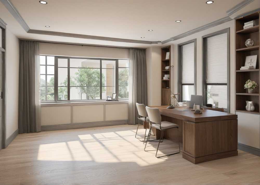 A well-organized home office space showcasing a sleek desk and an ergonomic chair for efficient work.