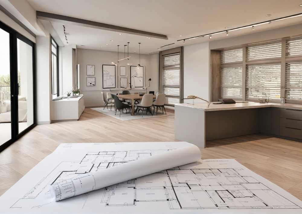 A contemporary kitchen and dining space with blueprints displayed, highlighting innovative design elements and layout.