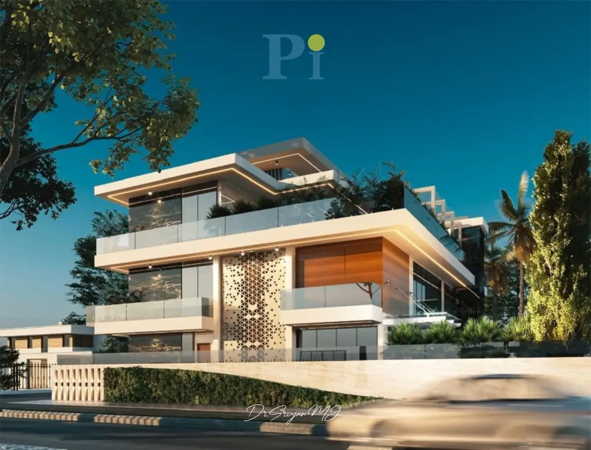 Three-storey Elysian Farmhouse with cantilevered terraces and a screened facade