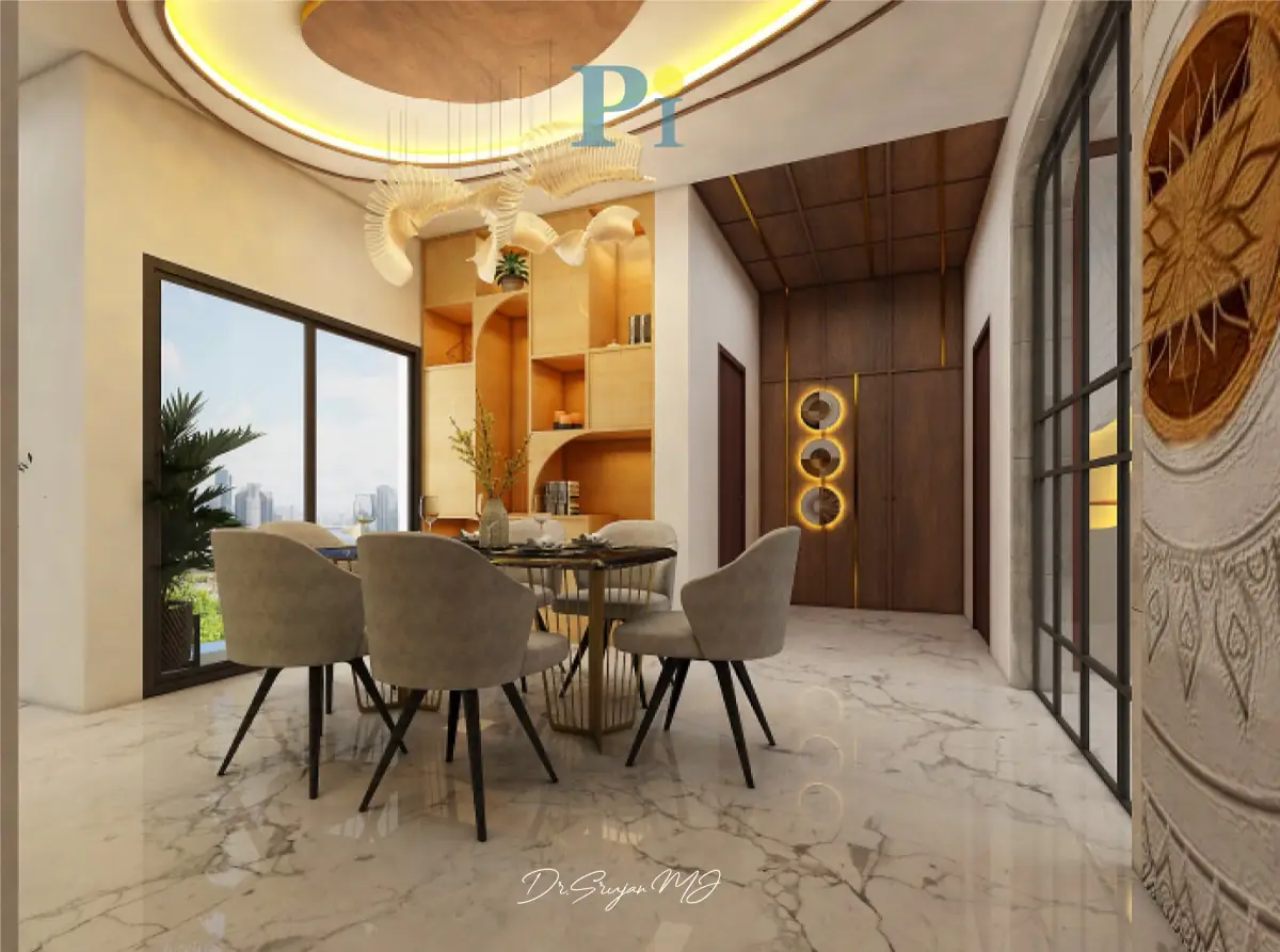 Dining room with a sculpted ceiling and marble floor