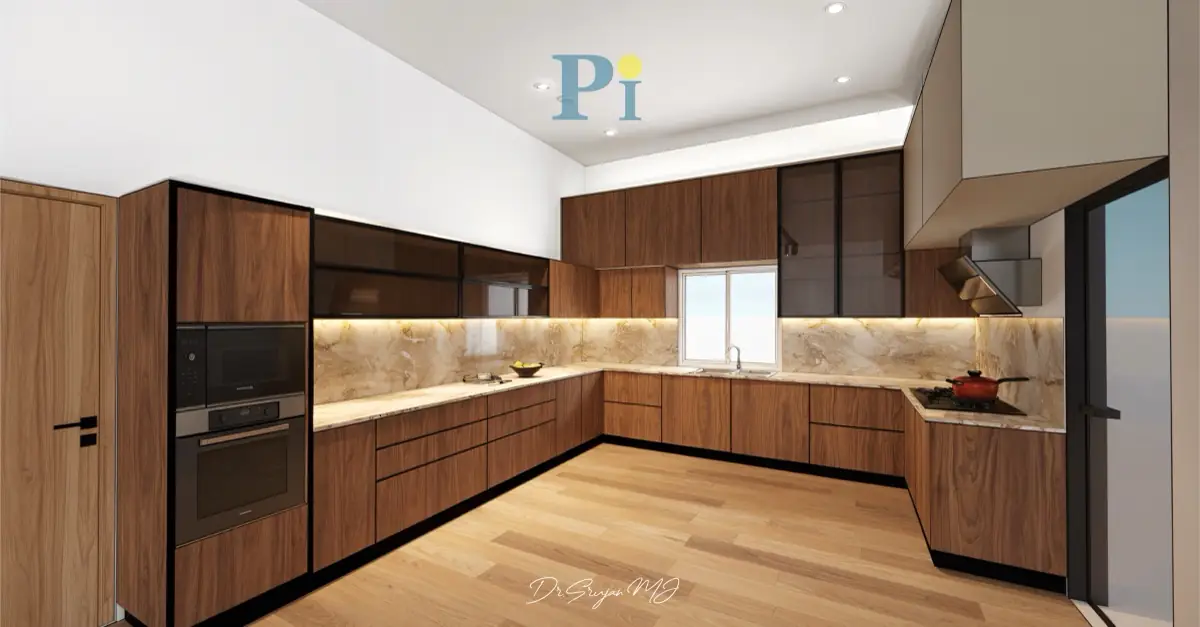 Walnut modular kitchen with a backlit stone splashback