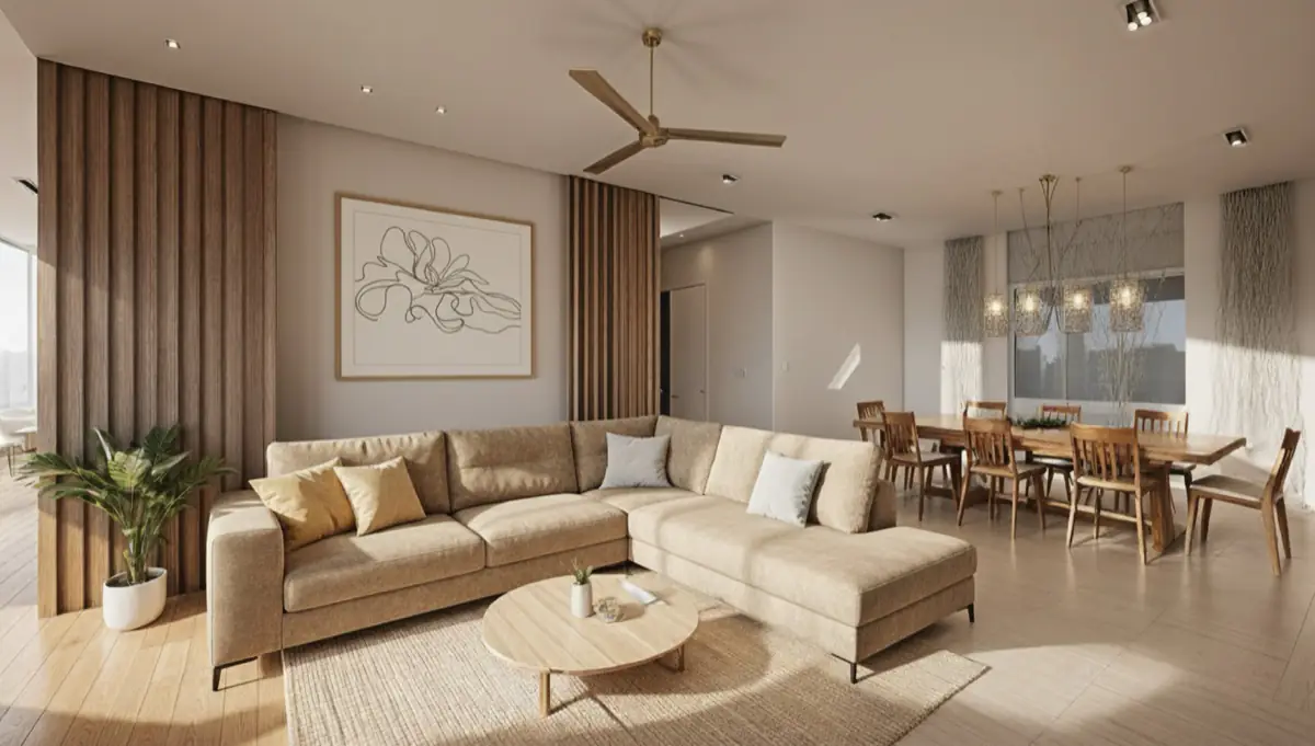 Living room with timber slats, a sectional sofa and a dining area beyond
