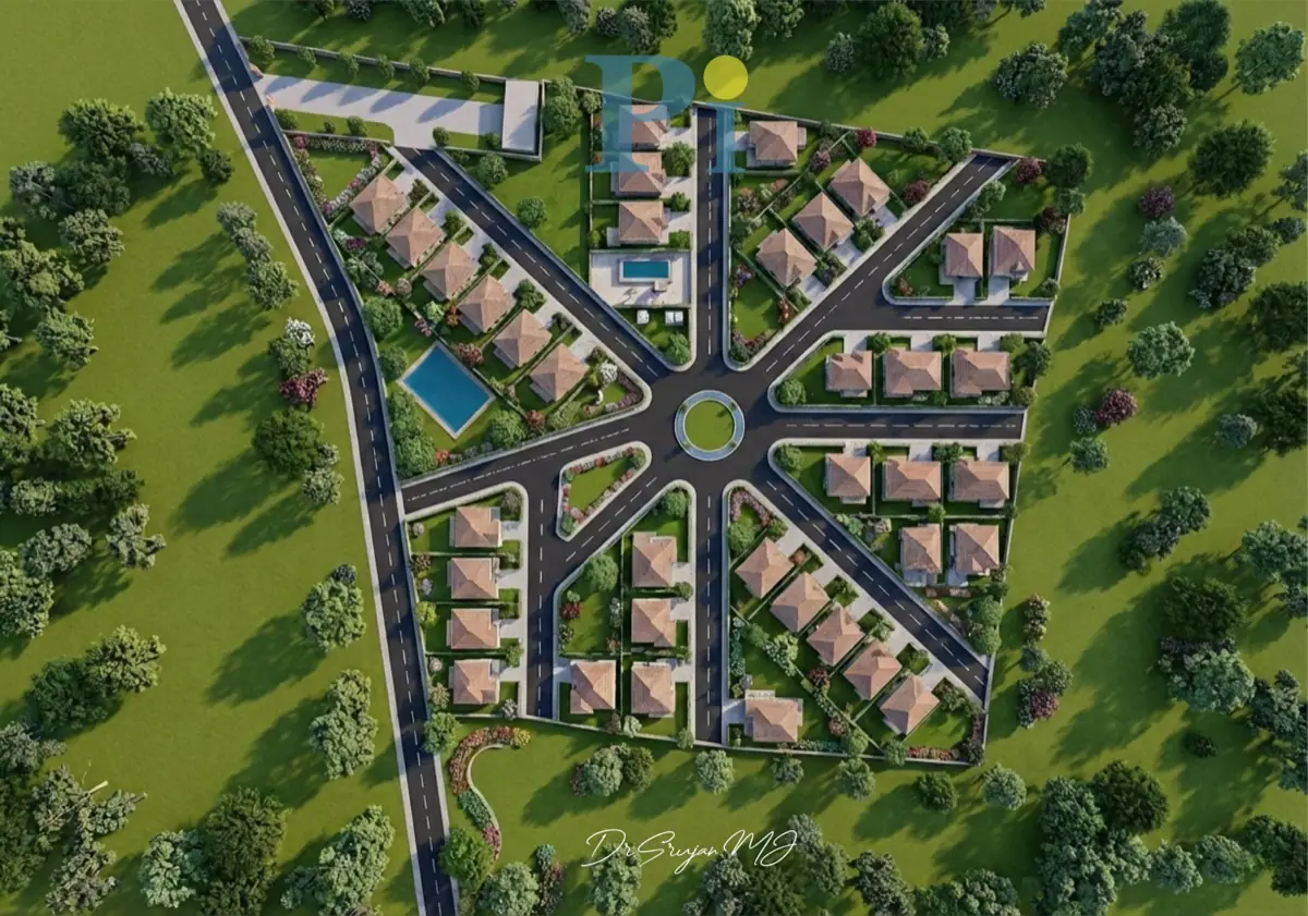 Aerial render of the Mango Valley farmland plot layout around a central roundabout