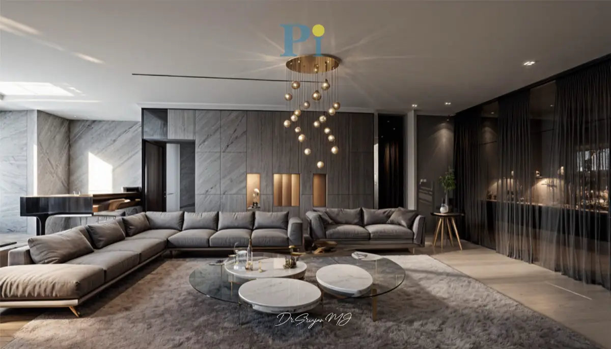 Grand living room of Nilgiri Farmhouse with a sculptural chandelier