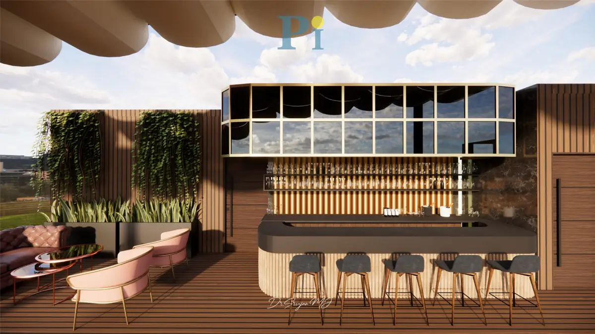 Rooftop lounge and bar at The Luxe Acre under a curved canopy