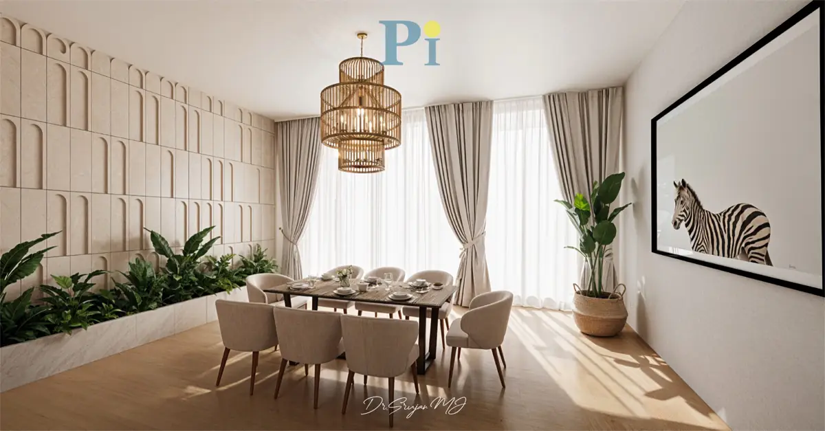 Dining room of Tranquil Home with a rattan pendant and an indoor planter wall