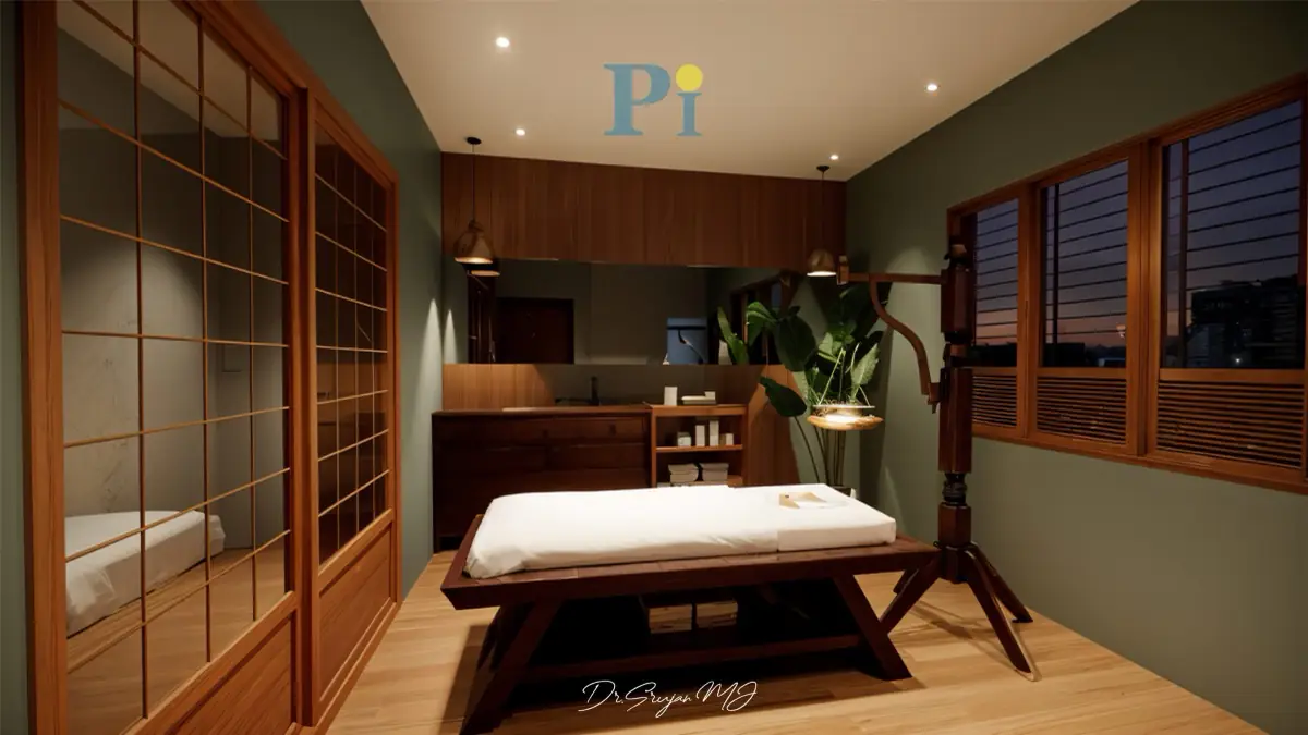 Calm treatment room at Wellness Hospital with timber screens and soft light