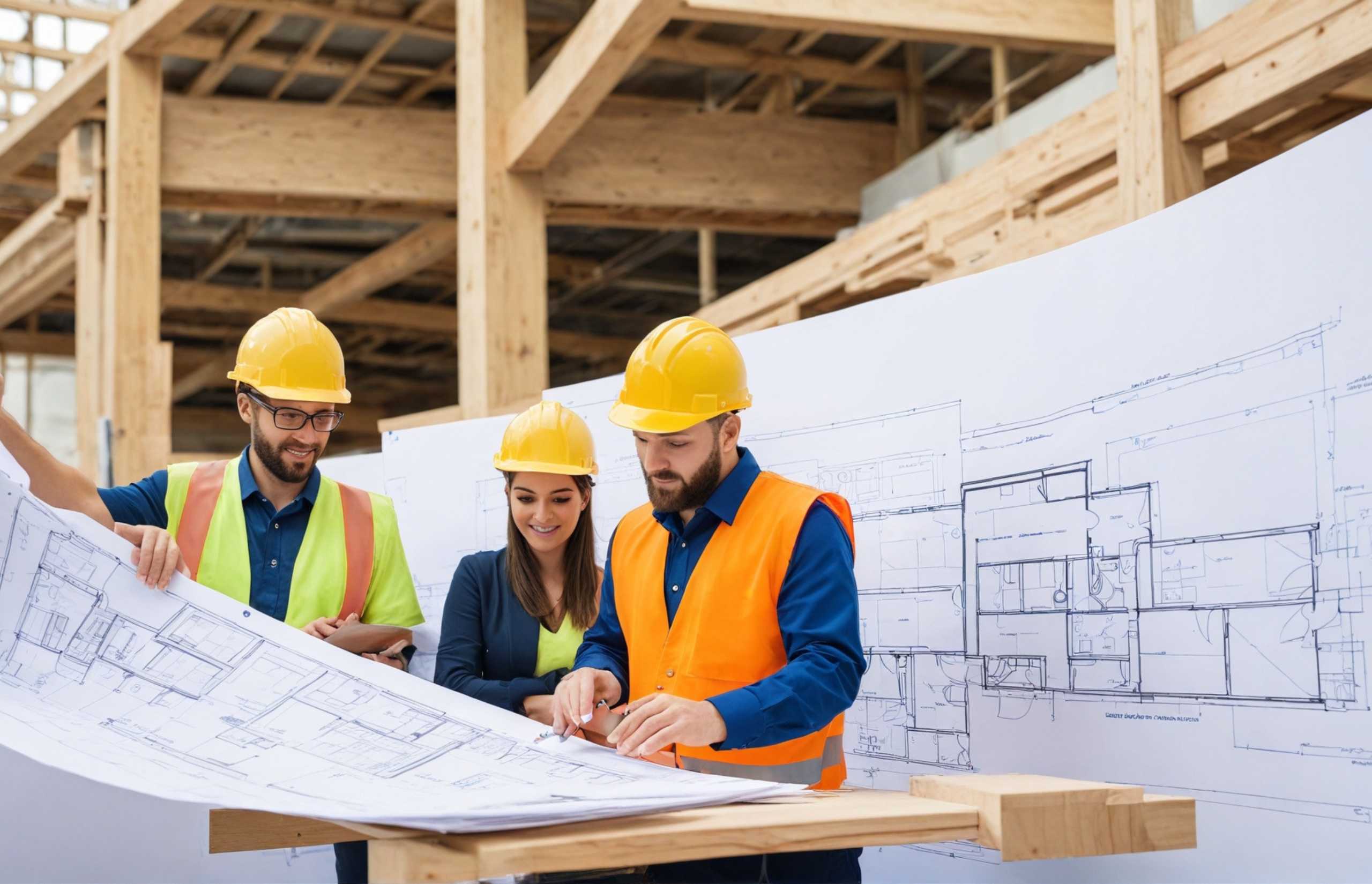 Three individuals in hard hats and safety vests examining blueprints at a construction site.