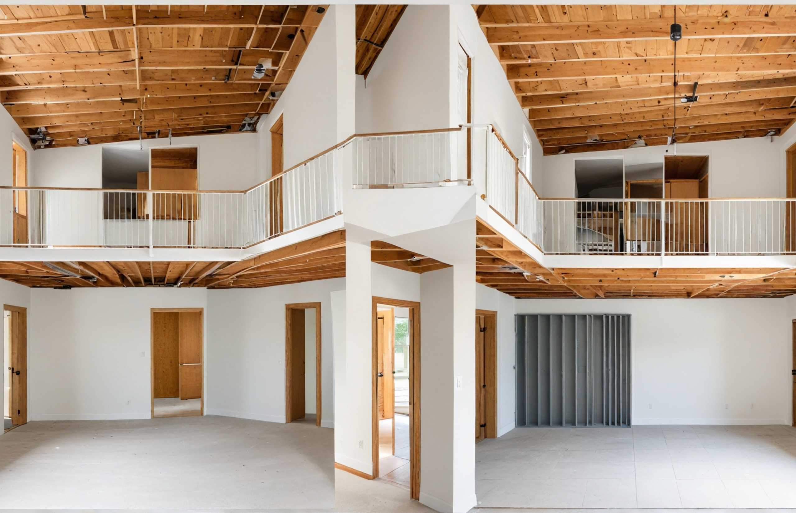 Two images showcasing an open room featuring elegant wooden ceilings, highlighting spaciousness and natural materials.