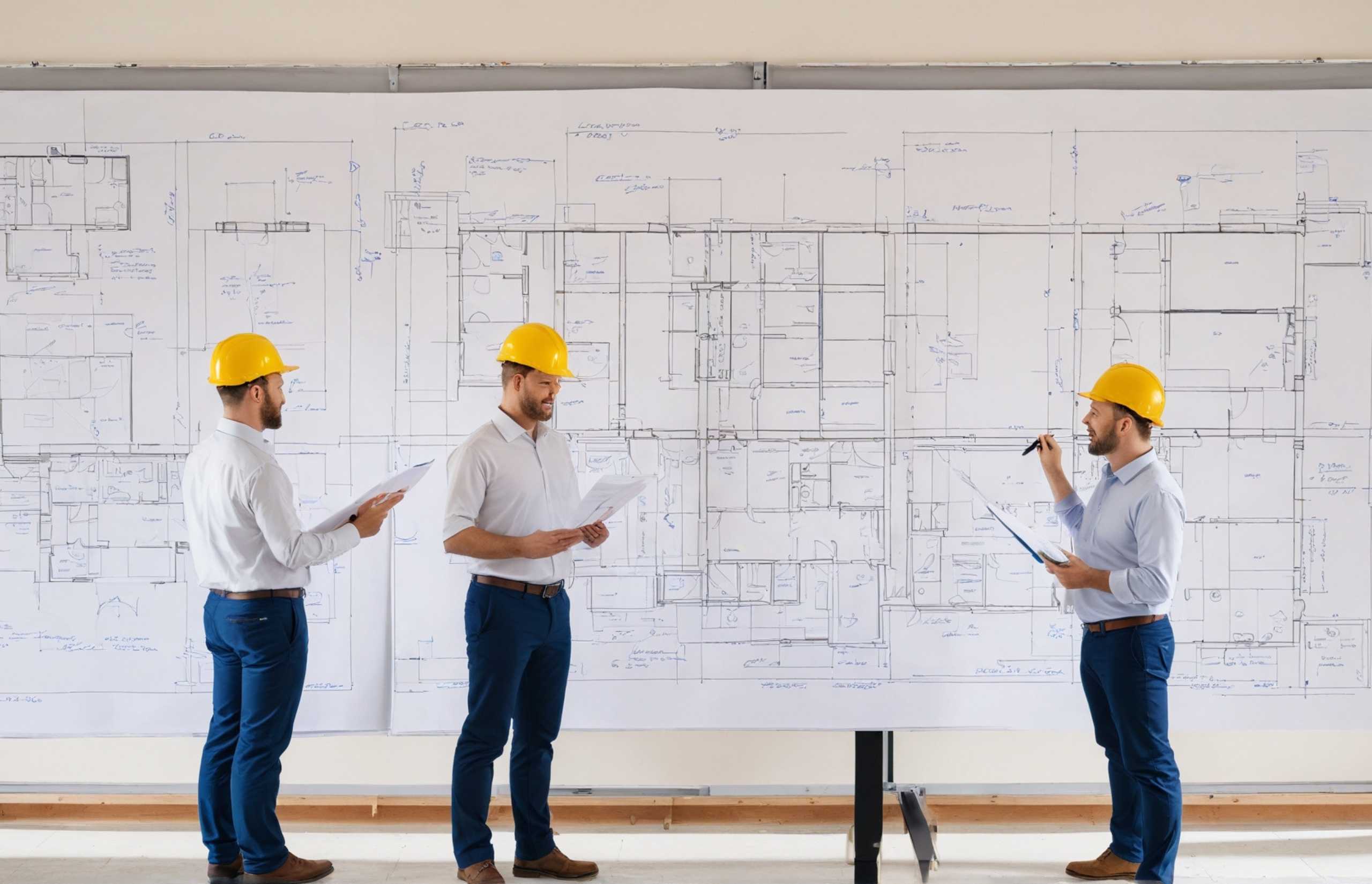 Three men in hard hats examine a blueprint, discussing plans and collaborating on a construction project.