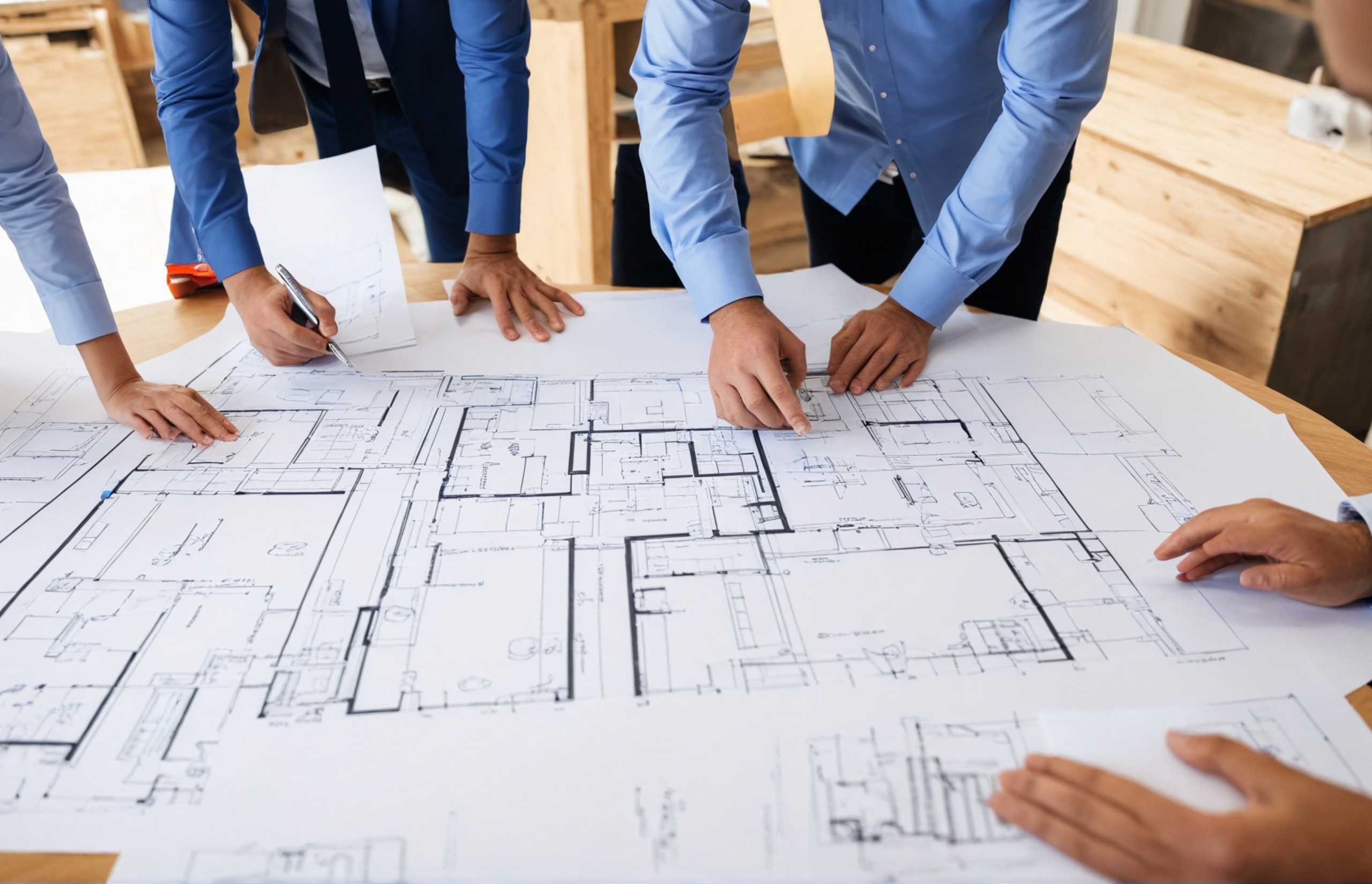 Several people gather around blueprints, analyzing the designs and engaging in conversation about the project.