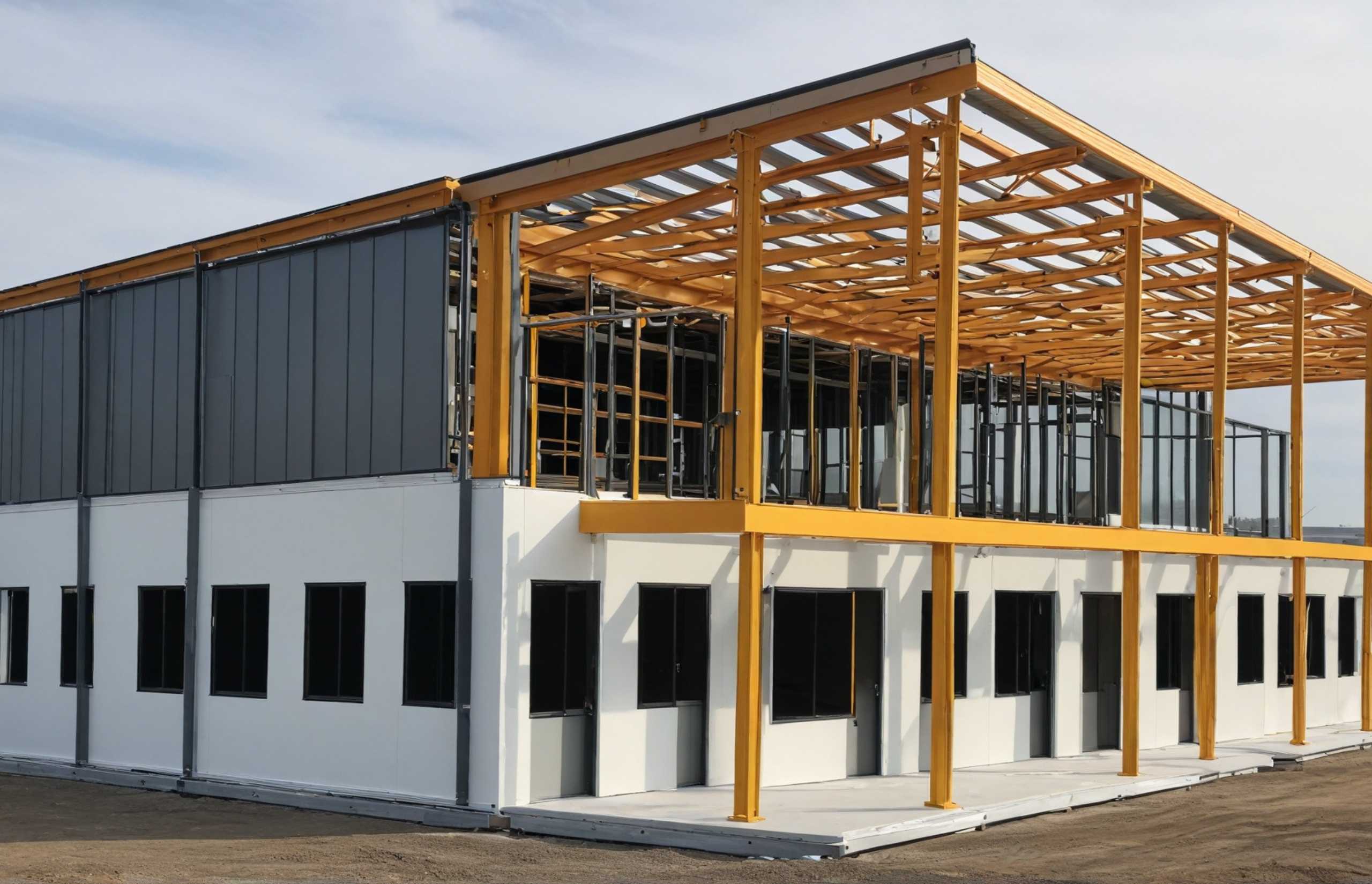 A construction site featuring a steel-framed building with a bright yellow roof in progress.