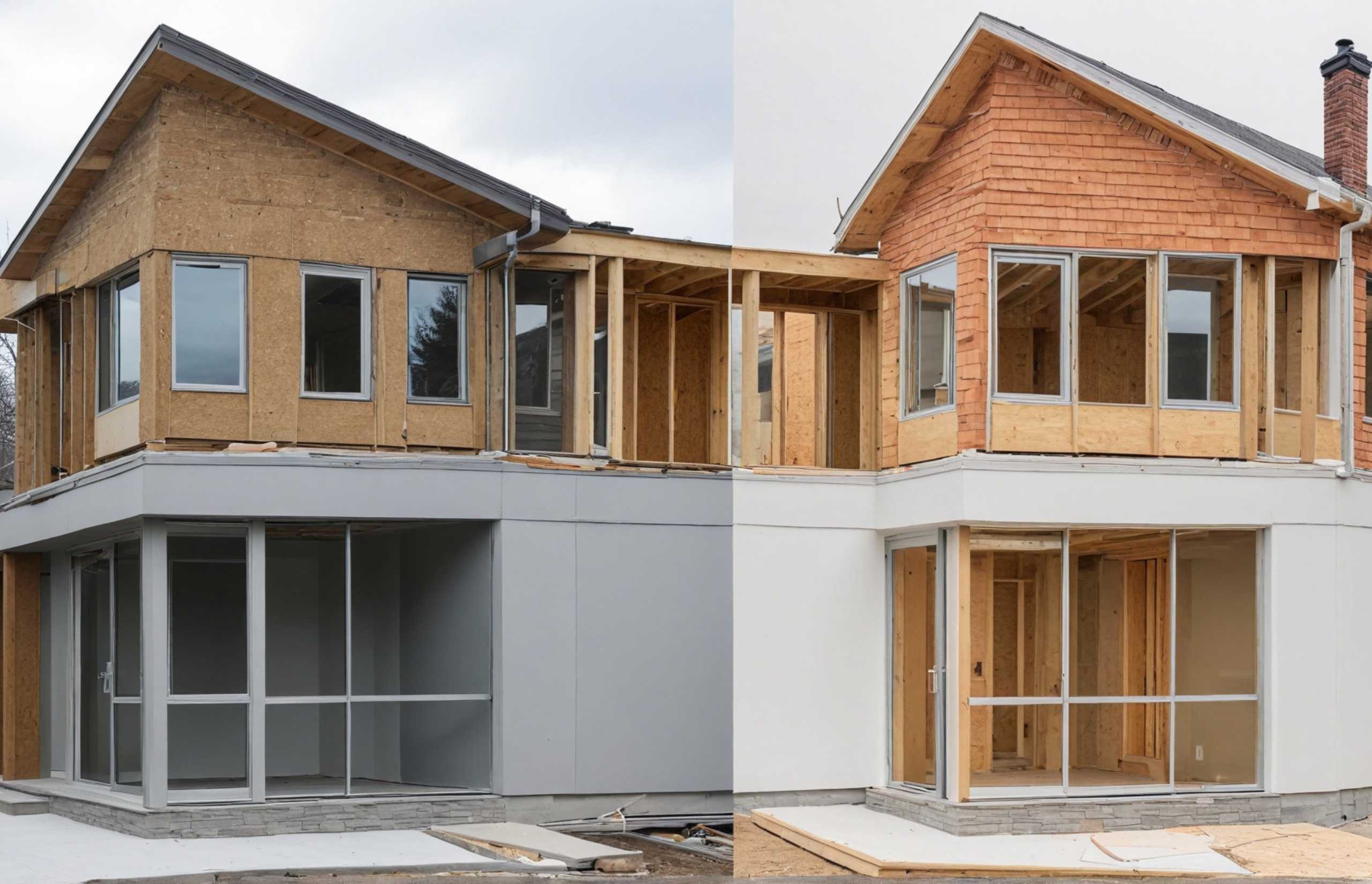 Before and after images showcasing a house transformation during the construction process.