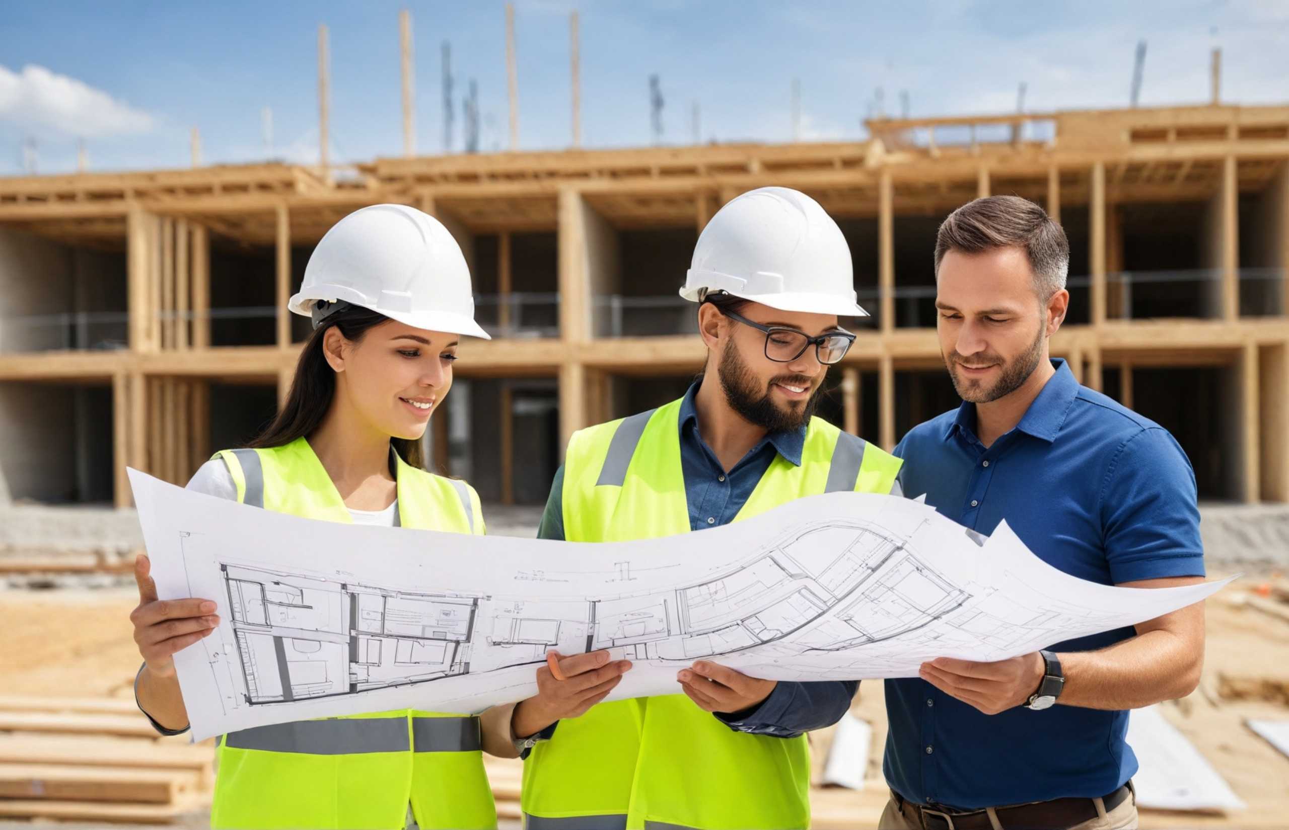 Three professionals in safety gear reviewing construction plans together on-site.