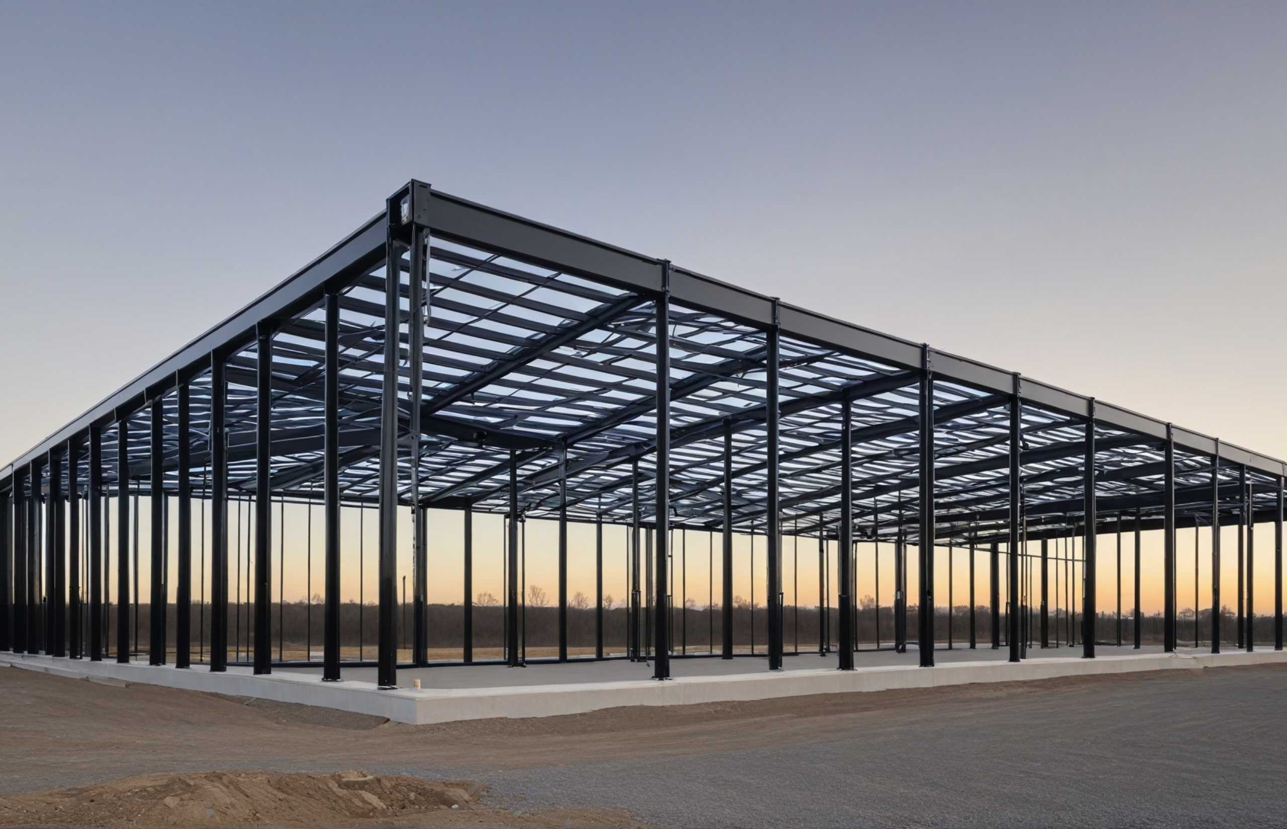 Construction of a large steel structure in the desert, highlighting the contrast between modern engineering and natural surroundings.