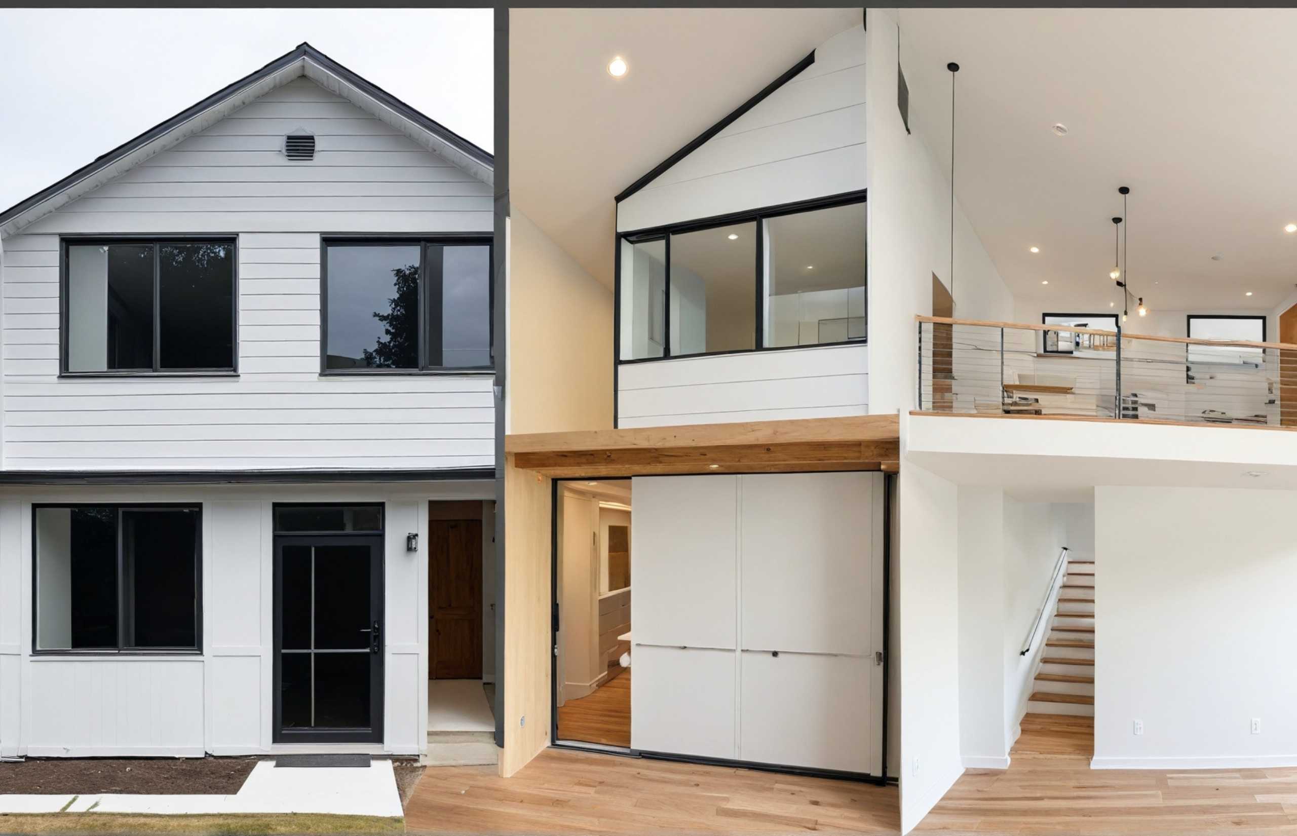A pair of photos displaying a house with a balcony and stairs, highlighting its inviting exterior and structure.