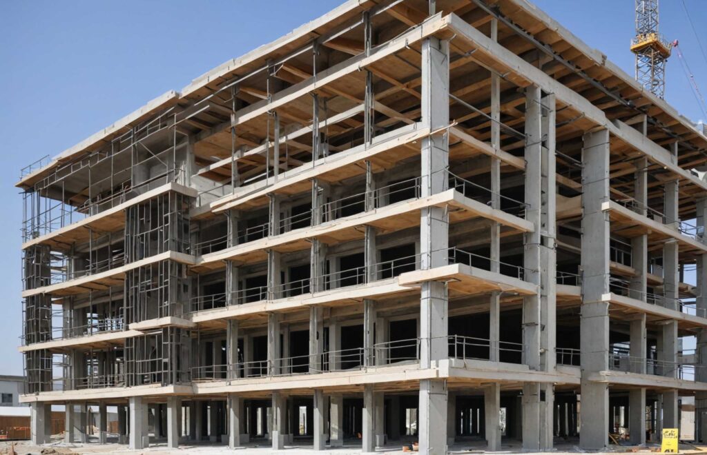 Under construction, a large building features exposed concrete floors and construction equipment surrounding the site.