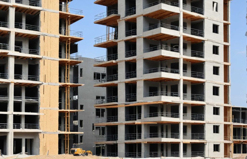 New residential buildings being constructed in a vast desert area, showcasing modern architecture against a sandy backdrop.