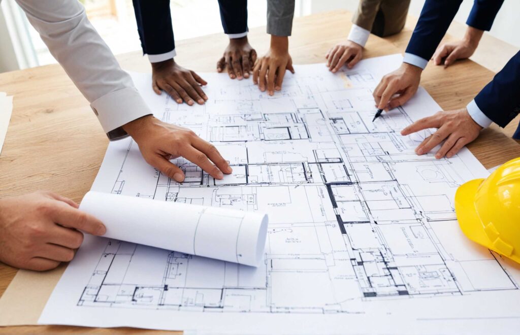 A diverse group of professionals collaborating on a large blueprint in a bright, modern workspace.