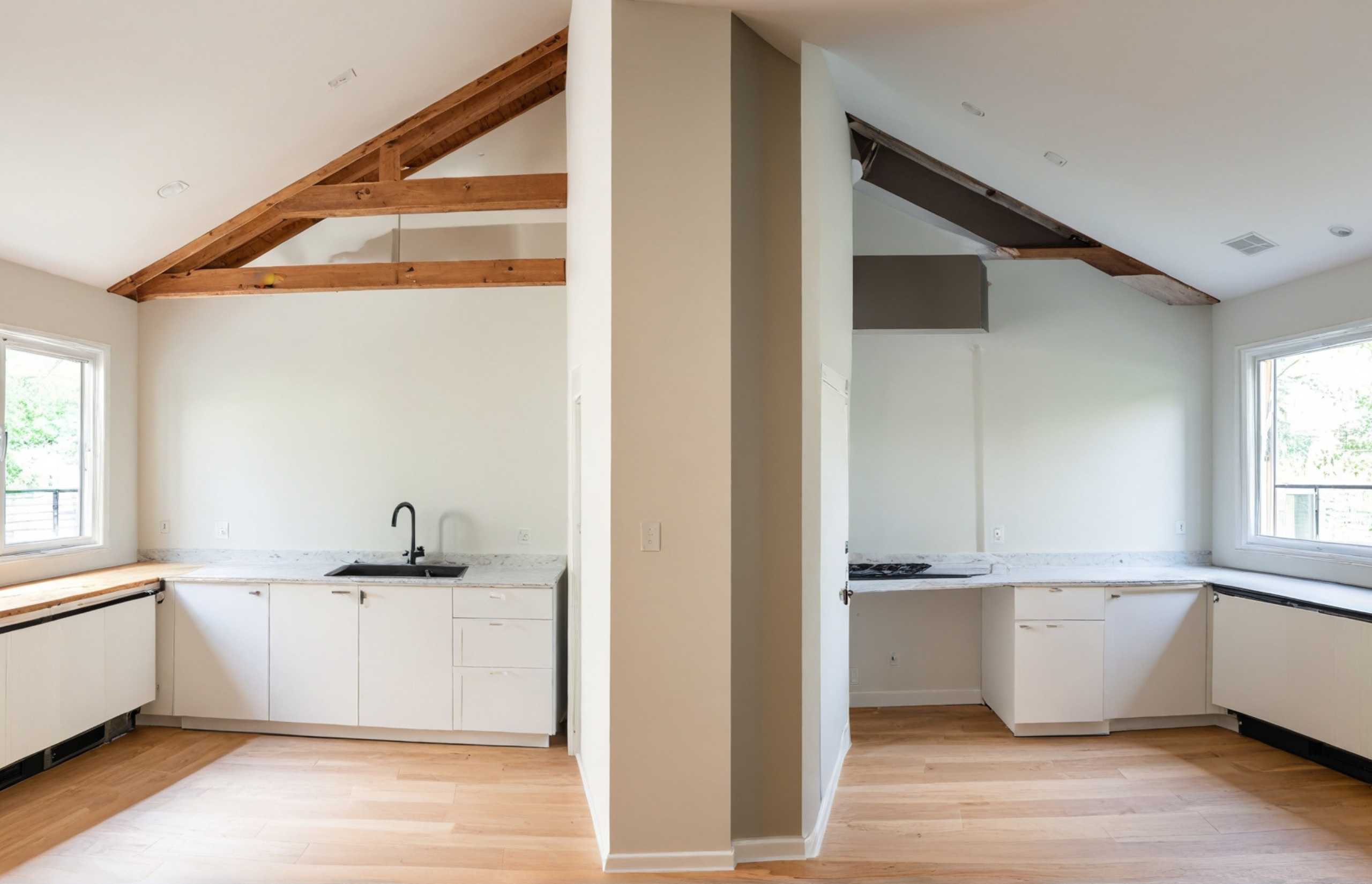Modern kitchen design with a rustic wooden ceiling and clean white cabinets, offering a stylish and welcoming environment.
