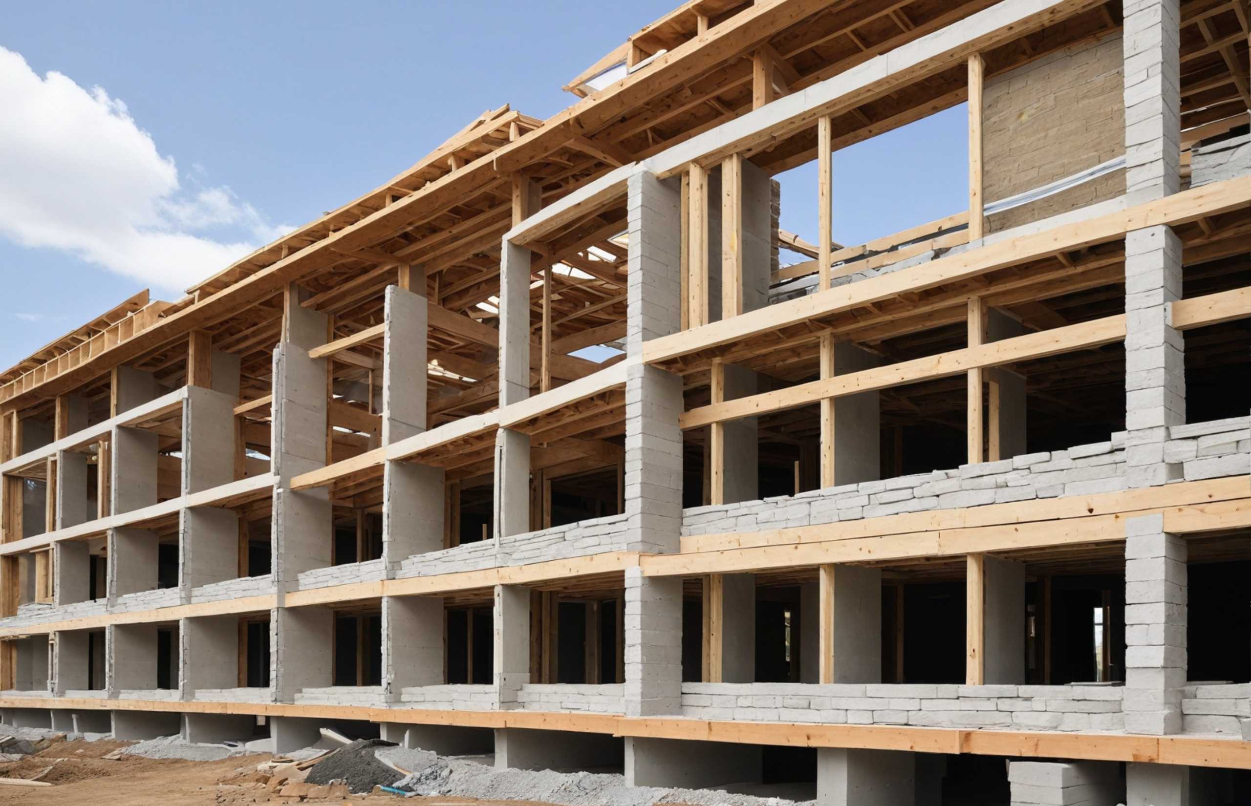 A partially constructed building showcasing wooden framing and construction materials on site.