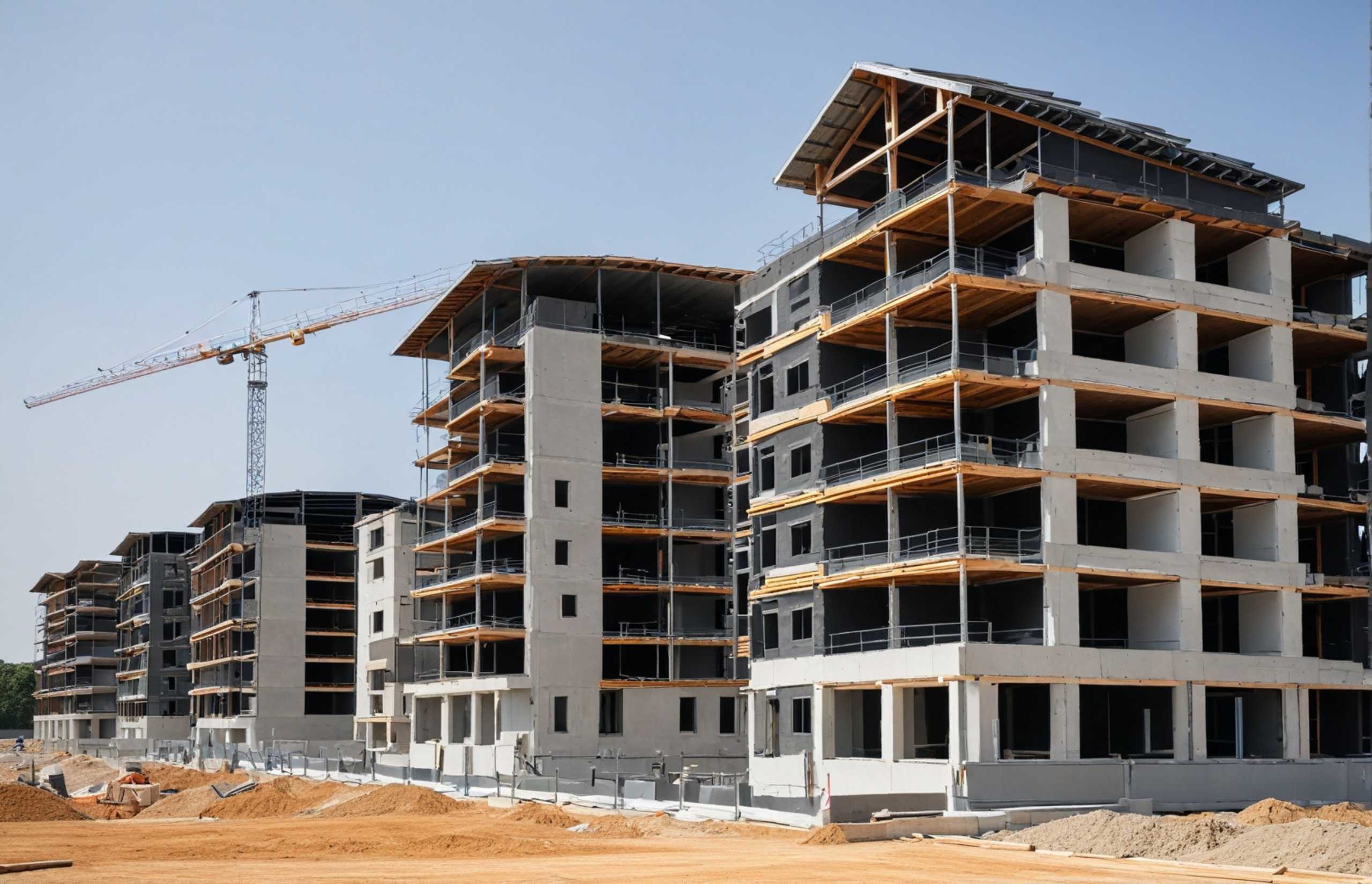 Construction of a large apartment building in the desert, featuring cranes and workers amidst a backdrop of sand and sun.