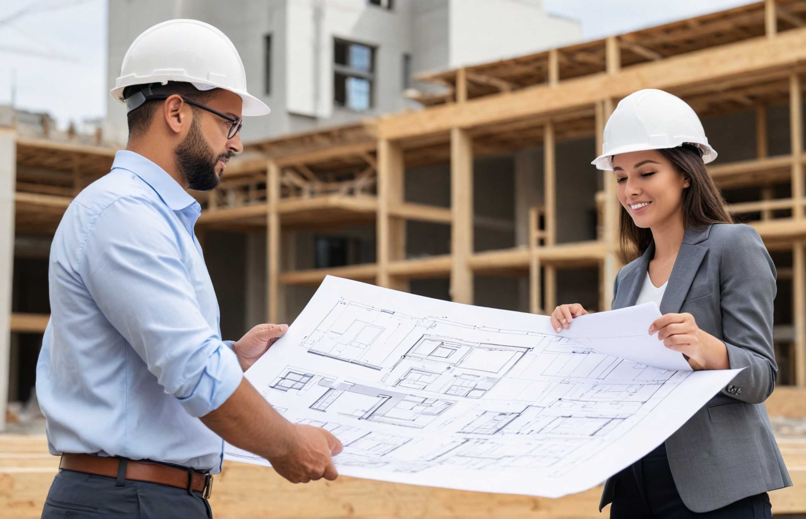 Two professionals wearing hard hats review blueprints, emphasizing collaboration in a construction project.