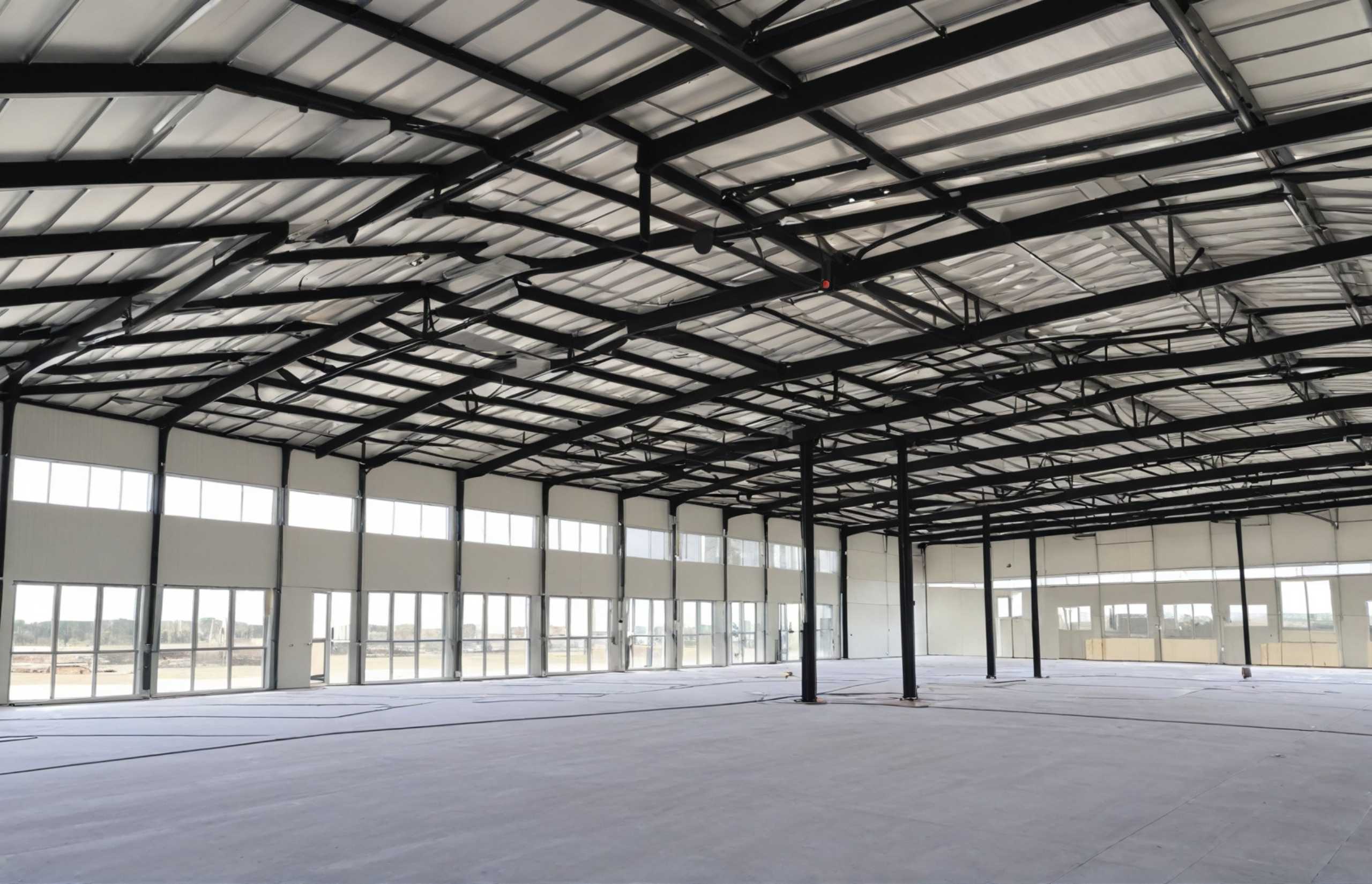 Spacious warehouse with a robust steel frame and large windows, highlighting an open and airy environment.