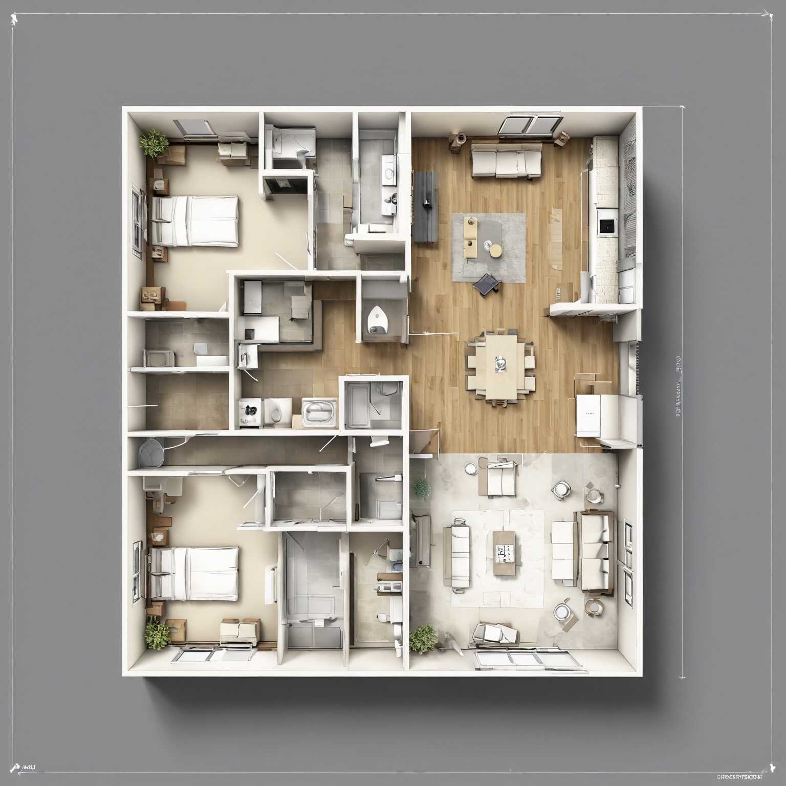 A detailed 3D visualization of a two-bedroom apartment featuring contemporary design and spacious layout.