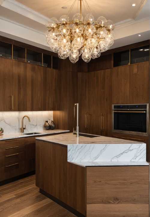 A modern kitchen featuring a sleek marble island and an elegant chandelier overhead, creating a stylish ambiance.