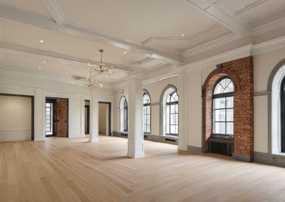 An empty room featuring polished wood floors and elegant arched windows, allowing natural light to fill the space.